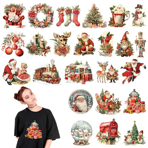 Tinlade 24 Pcs Christmas Iron on Decal Patches Heat DTF Transfers Christmas Design HTV Iron-on Transfers for T-shirt Reindeer Santa Snowman Patches Decals for Clothes Bag Covers DIY Crafts Decorations - style: Christmas