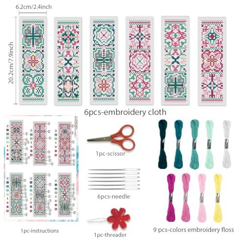 BEUNITONE Cross Stitch Bookmark Kits 6 Pcs Variegated Flowers DIY Bookmarks Cross Stitch Set for Adults Beginners Hand Embroidery Set Traditional Decorative Patterns Craft Kits for Gifts 8''x2.4'' - style: Ceramic Tile Pattern