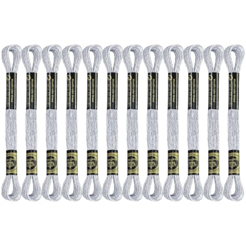 12 Skeins Embroidery Floss, Silver Metallic Embroidery Thread Polyester Cross-Stitch Threads for Hand Embroidery String Art DIY Creation - color: Silver