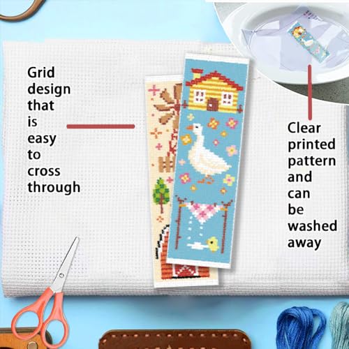 FREEBLOSS 6 Set Cross Stitch Bookmark Kit for Beginner Adults Farm Animal Stamped Embroidery Bookmark Kits Cross Stitch Kits with Instruction Bookmarks Making Kit for Book Lovers 8x2.4in/20x6cm - style: Goose&Barn&Blanket