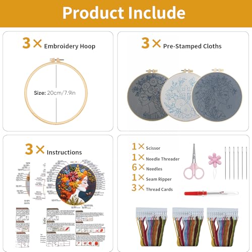 LYMIGER 3 Packs Embroidery Kit for Adults, Embroidery for Beginners (Girl) - color: Girl