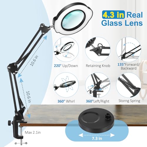 Upgrade 12X Magnifying Glass with Light, Real Glass Magnifying lamp, 5 Color Modes Stepless Dimmable, 84 LEDs, Magnifier with Light Hands Free for Close Work, Reading Craft Repair - color: Black