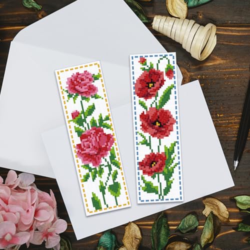 ACRNIGHEET 6PCS Cross Stitch Bookmark Kit for Beginner Flower Pattern Stamped Cross Stitch Kits for Adults Crossstitch Kits Adult Bookmarks with Instructions Hand Embroidery Craft Gift 8''x2.4'' 11CT - style: Floral patterns 1