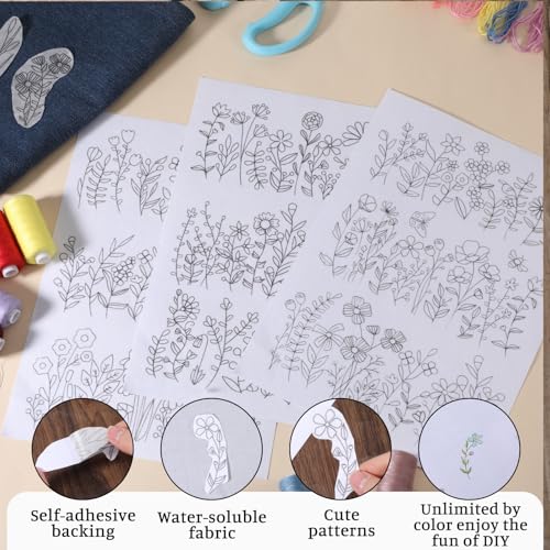 Water Soluble Embroidery Stabilizer, 4 Sheets Water Soluble Stabilizer for Embroidery Patterns Stick and Stitch Embroidery-Paper Designs Transfer Paper with Pre-Printed Flower Leave for Hand Sewing
