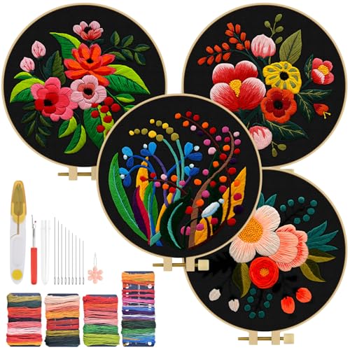 TINDTOP 4 Pack Embroidery Kit for Adult, Embroidery DIY Starter Kit, with Stamped Patterns, Hoop, Tools, Colorful Threads with Needles, Instructions - color: Flowers B