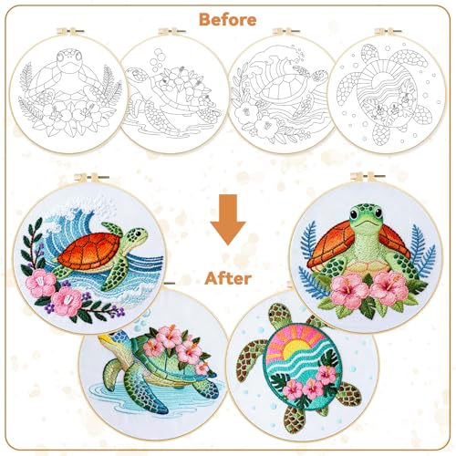 BEUNITONE 4 Sets Sea Turtle Embroidery Kits for Beginners DIY Craft Kits for Adults with Printed Patterns, Hoops and Instructions, Hibiscus Flower Needlepoint Kits for Clothing and Home Decor - style: A-Sea Turtle