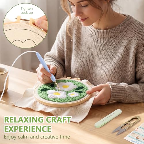 JITIERYALO Punch Needle Kit for Beginners, Green Floral Embroidery Starter Set with Hoop 20x20cm, Patterned Fabric, Punch Needle and Yarn for Adults Festival Gift and Decoration