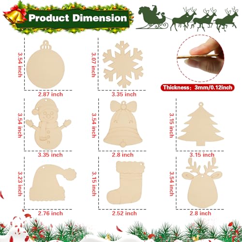 Christmas Craft Painting Kits, 48pcs Wooden Christmas Ornaments, Unfinished Paintable Blank Wood Slice with 8 Styles & Crafts Making Supplies, DIY Xmas Tree Decor Art Activity for Family Fun
