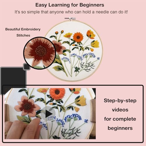 VIVIDOX 4 Sets Embroidery Kit for Beginners with Stitch Video, Flower Cross Stitch Kits for Adults, Starter, Hand Craft Lover Practice with Floral Stamped Pattern, 2 Hoops, 16 Needles, Scissors, Tools - color: Floral Kit (with 2 Hoops)