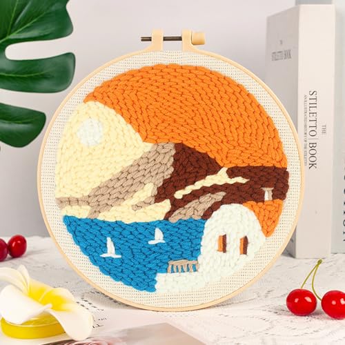 Woohome Punch Needle Kit Included Plastic Hoops, Punch Needle Cloth, Color Yarn and Punch Needle Tools for Adults, Beginners (Beach, Hut, Sunset) - color: Color 14