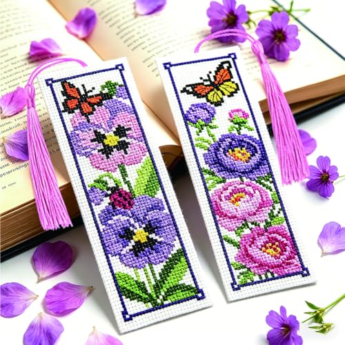 ACRNIGHEET 6PCS Cross Stitch Bookmark Kit for Beginner Stamped Cross Stitch Kits for Adults Floral DIY Tassel Embroidery Bookmark Kits Needlepoint Kit with Instructions Craft Gift 8.5''x3'' 11CT - style: Floral Butterfly with Tassel