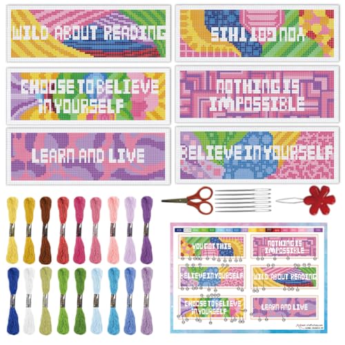INFUNLY 6PCS Motivational Words Cross Stitch Bookmark Kit for Adults Inspirational Cross Stitch Kits DIY Crossstitch Kits Texts Stamped Embroidery Bookmark Kit with Instructions for Book Lovers - style: Inspirational Words