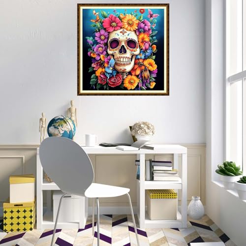 Redxing Counted Cross Stitch Kit for Beginners,Unprinted Needlepoint Kits for Beginners Cross Stitching Embroidery Kit 11CT Stitches kit-Skeleton Flowers 18x18 inch - color: KitColors02