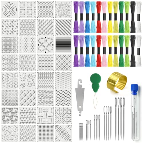 Sashiko Kit, Includes Sashiko Thread, 100% Cotton Fabric, Needle, Thimble, Threader, and Sashiko Pattern Template. Ideal for Sewing Beginners, Mending, and Hand Quilting. - color: 24