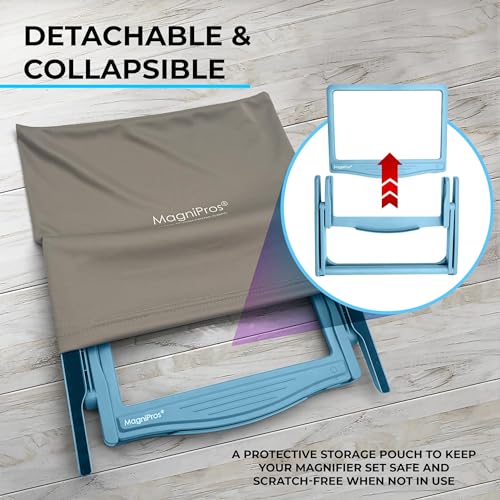 MagniPros 5X Large LED Hands-Free Full Page Magnifying Glass with Detachable Stand & 3 Color Light Modes to Reduce Eye Strain, Ideal for Reading Small Prints, Crafting, Low Vision & Seniors - color: Blue With Stand