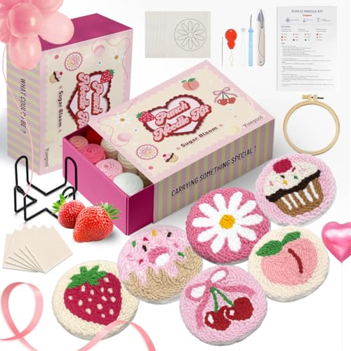 yuegool 6PCS Punch Needle Coaster Kit,Easy DIY Embroidery Set for Beginners, Kids & Adults with Patterns, Tools, Yarns, Hoop, Instructions & Coaster Holder - color: sugar bloom, size: 4-inch diameter