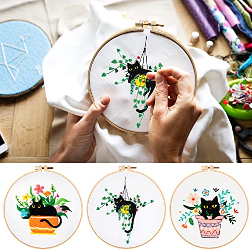 Nuberlic 3 Pack Embroidery Kit for Beginners with Cat Pattern - color: Cute Cat
