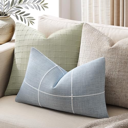 2 Packs Grid Embroidery Lumbar Pillow Covers 12x20in Blue - color: Blue, size: 20" x 12" (Pack of 2)