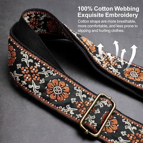 Nefelibata Banjo Strap,2"Wide Double Crazy Horse Leather Jacquard Embroidery Strap Adjustable Replacement,Multi-pattern Strap With Metal Clips - color: A#-embroidery Brown Flower