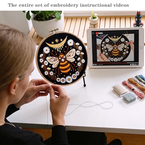 Hand Embroidery Starter Kits for Beginners Adults, Counted Stamped Cross Stitch Kit for Beginners Adults, Embroidery Needlepoint Kit with Moth Flower Pattern, 3 Hoops (Attached Teaching Video QR Code) - color: Moth