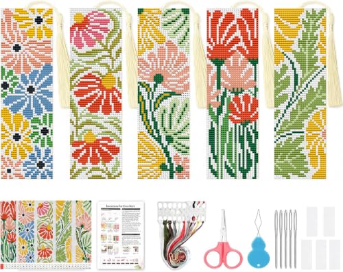 5 Pack 70s Retro Floral Cross Stitch Bookmark Kits for Adult Beginners - color: Mid-Century Modern Flower Bookmark