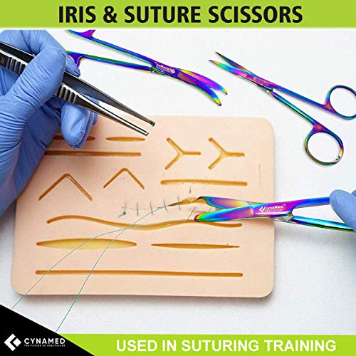 Cynamed Suture Stitch Scissors with Multicolor/Rainbow Titanium Coating - Premium Quality Instrument- Delicate Hook - Perfect for Suture Removal, First Aid, EMS Training and More (4.5 in. - Curved) - style: Curved Hook