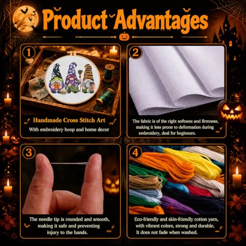 VIGEGU Gnome Stamped Cross Stitch Kits for Adults Beginners with Hoop Frame - color: Halloween Gnome Cross Stitch with Framed