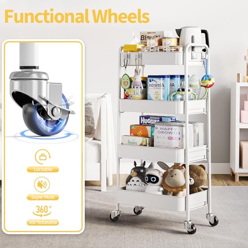TOOLF 4 Tier Metal Rolling Cart, Utility Storage Cart with Wheels, White - color: White, size: 4-Tier
