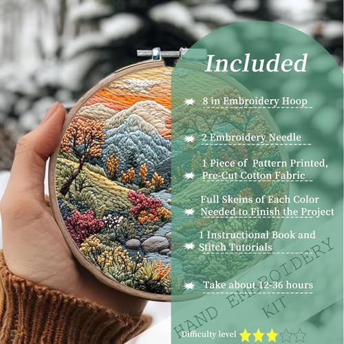 FONNUY Embroidery Kit for Beginners, Boho Nature Landscape Pre-Stamped Pattern Kits for Adults with Hoop, Easy to Follow Color Thread Needlework, 8'' Hoop (Mountain Stream) - color: Mountain Stream