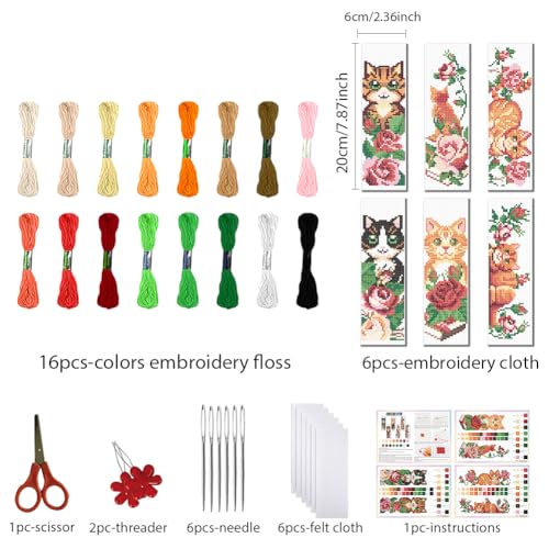 FREEBLOSS 6 Set Cat Cross Stitch Bookmark Kits Rose Pattern Stamped Cross Stitch Kit DIY Embroidery Kit Bookmark Craft Kit with Instructions for Beginners 6x20cm - style: Cats&Flowers