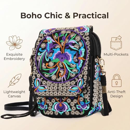 Embroidery Flowers Canvas Crossbody Bag, Women Messenger Bag, Cellphone Pouch Purse - color: Purple