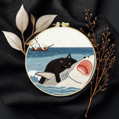 Black Cat Riding a Shark and a Sailboat Stamped Pattern Embroidery Kit for Beginners Adults Includes Cloth,Hoop,Color Threads,Needles and Instruction,Lover Hand Stitch with Embroidery Skill Techniques