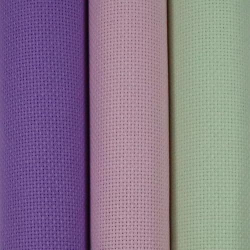 KCS 3 pc of 15" x 18"(38cmx45cm) 16 Count Cross Stitch Cotton Aida Cloth Needlework Rolled Fabric Box,16CT,Lavender+Pink+Light Green - color: Lavender+pink+light Green, size: 16CT