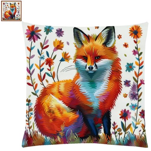 Fanxvivy Stamped Cross Stitch Kits for Adults Beginners Pillow Needlepoint Kit with Embroidery Pattern Needlework Kit Prestamped Stitches Kit 11CT Cross Stitching-Colorful Fox 18x18 inch - color: Pre-pattern 08