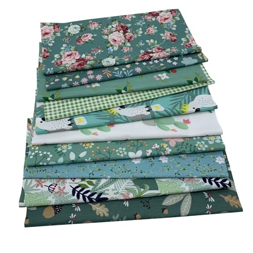 10Pcs Cotton Fabric Squares Bundles 25 x 25 cm Floral Patterns Printed Fabric Patchwork Craft Cloths for Sewing Quilting DIY Needlework Decoration Scrapbooking Handwork (Green)