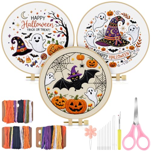 TINDTOP Halloween Embroidery Kit for Adult, 3 Pack Embroidery DIY Starter Kit, with Stamped Patterns, Hoop, Tools, Colorful Threads with Needles, Instructions - color: Halloween C