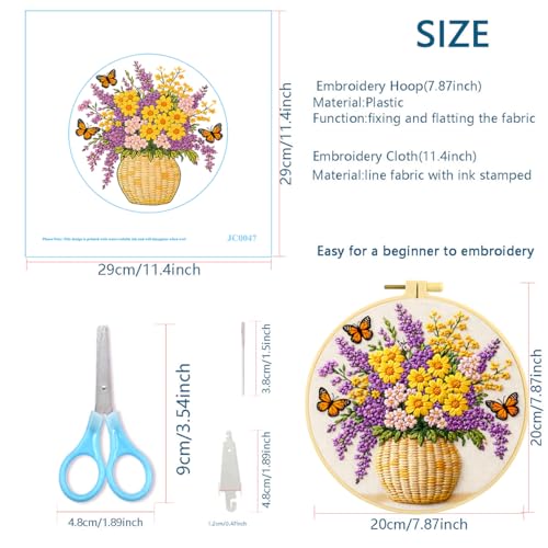 Zhenqing Flower Basket Embroidery Kit for Beginners, Pre-Printed 29x29cm Cotton Fabric with 20cm Hoop, Garden Design with Butterflies (JC0047