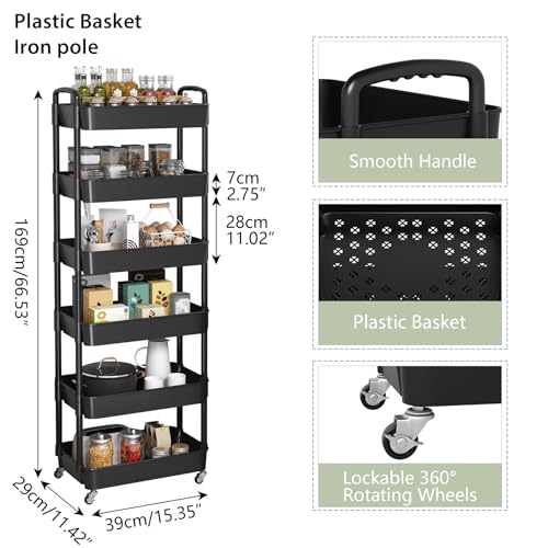 Sywhitta 6-Tier Plastic Rolling Utility Cart with Wheels for Storage,Black - color: Black, size: 6-tier