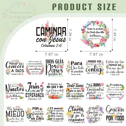 Dazoratix Spanish Iron on Transfers - 20 Sheets Bible Verse DTF Ready to Press Christian Religious Inspirational Heat Stickers Patches Vinyl Applique Decals for T Shirts Clothing Decorations DIY Craft - style: Spanish Bible