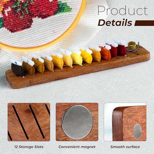 Savina Hardwood Bobbin Rack Organizer, 12-Slot Magnetic Spool Holder for Embroidery Floss, Sewing Thread Boards, Cross Stitch Storage (Wooden Thread Organizer ONLY)