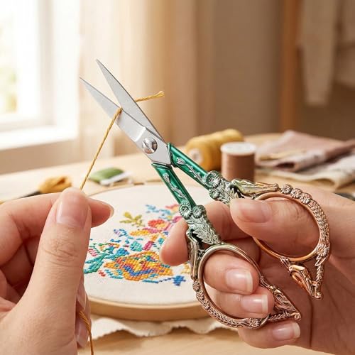 Small Embroidery Scissors with Cover -Cute and Comfortable handles Sturdy Sharp Tips for Precise Cutting, Perfect Size Keeping in Your Sewing Craft Supplies Kit (green gold) - color: Green Gold