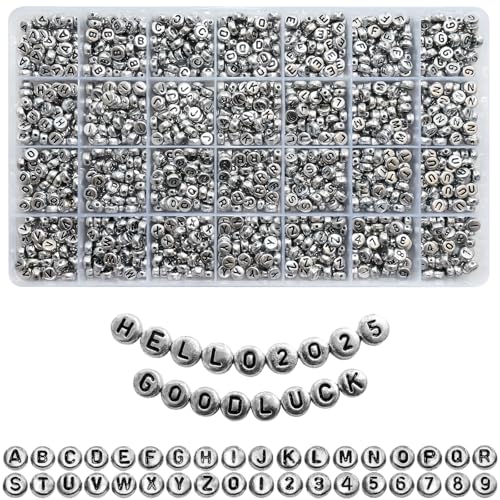 Looconi 1400pcs Letter Beads Silver 7x4mm Black on Silver for Jewelry Making Bracelet Hair Braids Crafts - color: Silver, size: 7x4mm