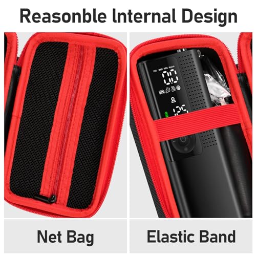 Case for Airmoto for MODARI Tire Inflator Portable Air Compressor Case,120 PSI Air Pump,Car Tire Pressure Gauge (150 PSI) Storage Bag, Air House, Connector and Accessories (Box Only)-(Black+Red) - color: Black+red Zipper