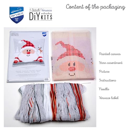 Vervaco Cross Stitch Christmas Pillow Kit Santa Joy DIY Home Decor Stamped Embroidery Chunky Cross Stitch Cushion Craft Supplies ca. 16" x 16" Needlepoint Kits for Adults Creative Gift - size: Santa with Reindeer