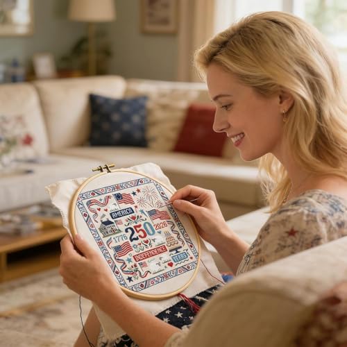 USA 250th Anniversary Cross Stitch Kit 9.8 x 9.8 Inch, 1776-2026 Patriotic Embroidery Kit for Beginners Adults, DIY 4th of July Patriotic Needlepoint Set with Threads Needle Wall Decor Craft Gift - color: 250th Anniversary-A