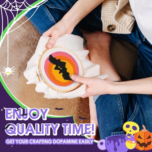 yuegool 6PCS Halloween Punch Needle Coasters Kit – Easy DIY Embroidery Kit for Beginners, Adults & Kids | Includes Patterns, Tools, Yarns, Hoop, Instructions, Coaster Holder - color: Enchanted Oddities, size: 4-inch diameter