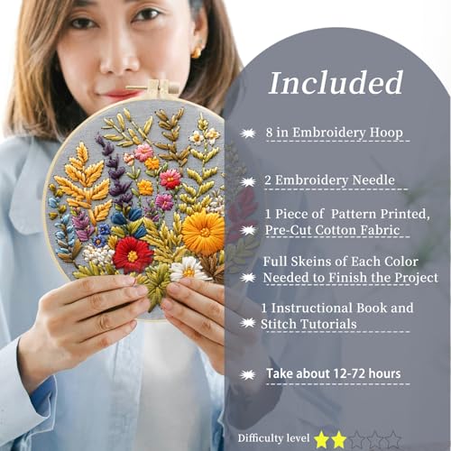 FONNUY Floral Embroidery Kit for Beginners, Colorful Flowers Pre-Stamped Pattern Kits for Adults with Hoop, Thread Needlework, 8'' Hoop (Daisy) - color: Daisy