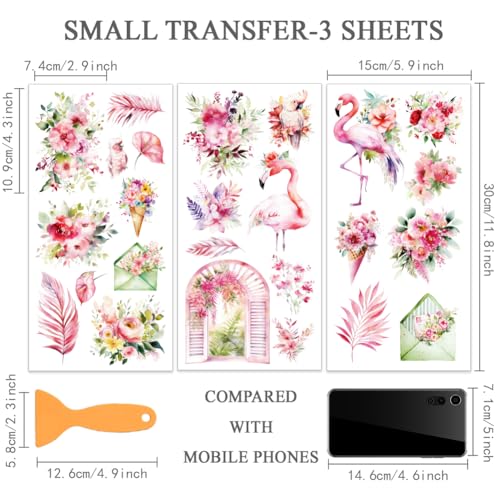 OLYCRAFT 3Pcs/Set Pink Flamingo Rub on Transfers for Furniture and Craft 6x12 Inch Pink Flowers Furniture Decal Transfer Stickers Rub on Decal with 1pc Scraper for Cabinet Wardrobe Decoration - style: Flamingo