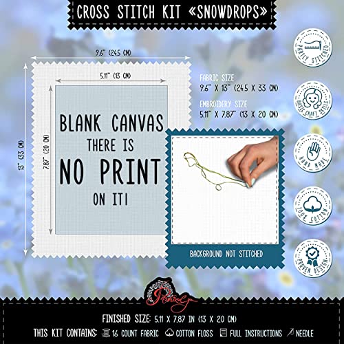 Povitrulya Spring Flowers Cross Stitch Kit “Snowdrops” | Embroidery Set with White Floral Pattern and 16 Count Aida Fabric - color: Snowdrops