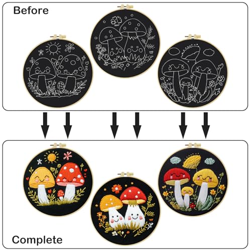 57lilina Embroidery Kit for Beginners, Pack of 3 with Hoop, Threads, Needle - color: Mushroom
